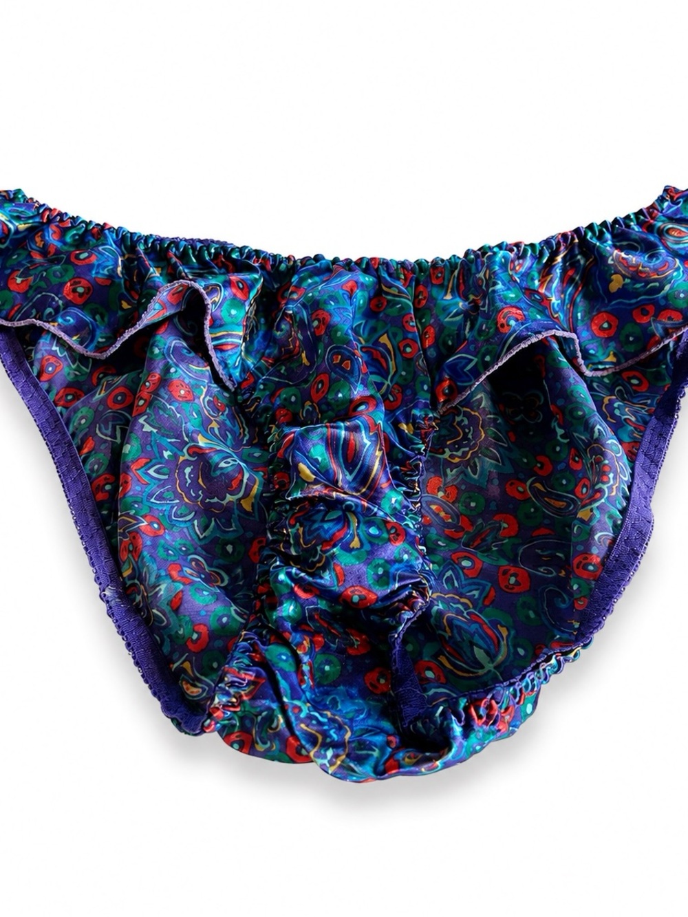 VTG 80’s 100% Polyester Blue Floral Ruffle Satin Silky Flutter Bikini Panty L